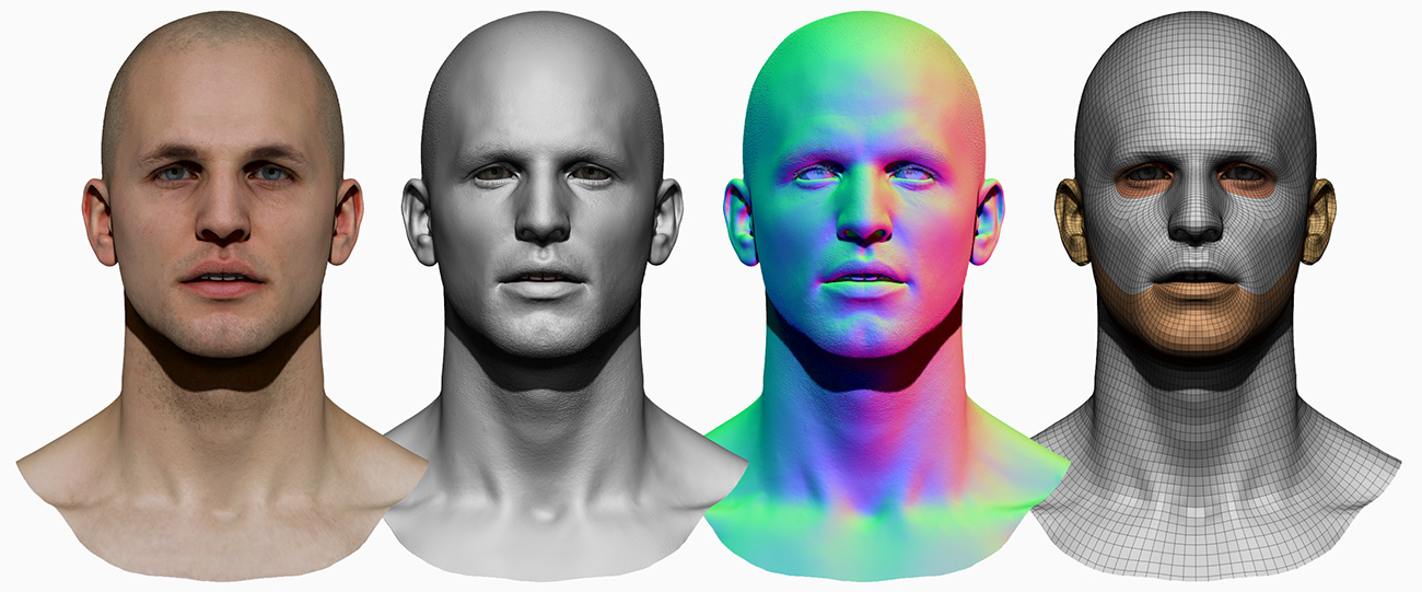 Zbrush materials screenshot of 20's male three d head scanned model